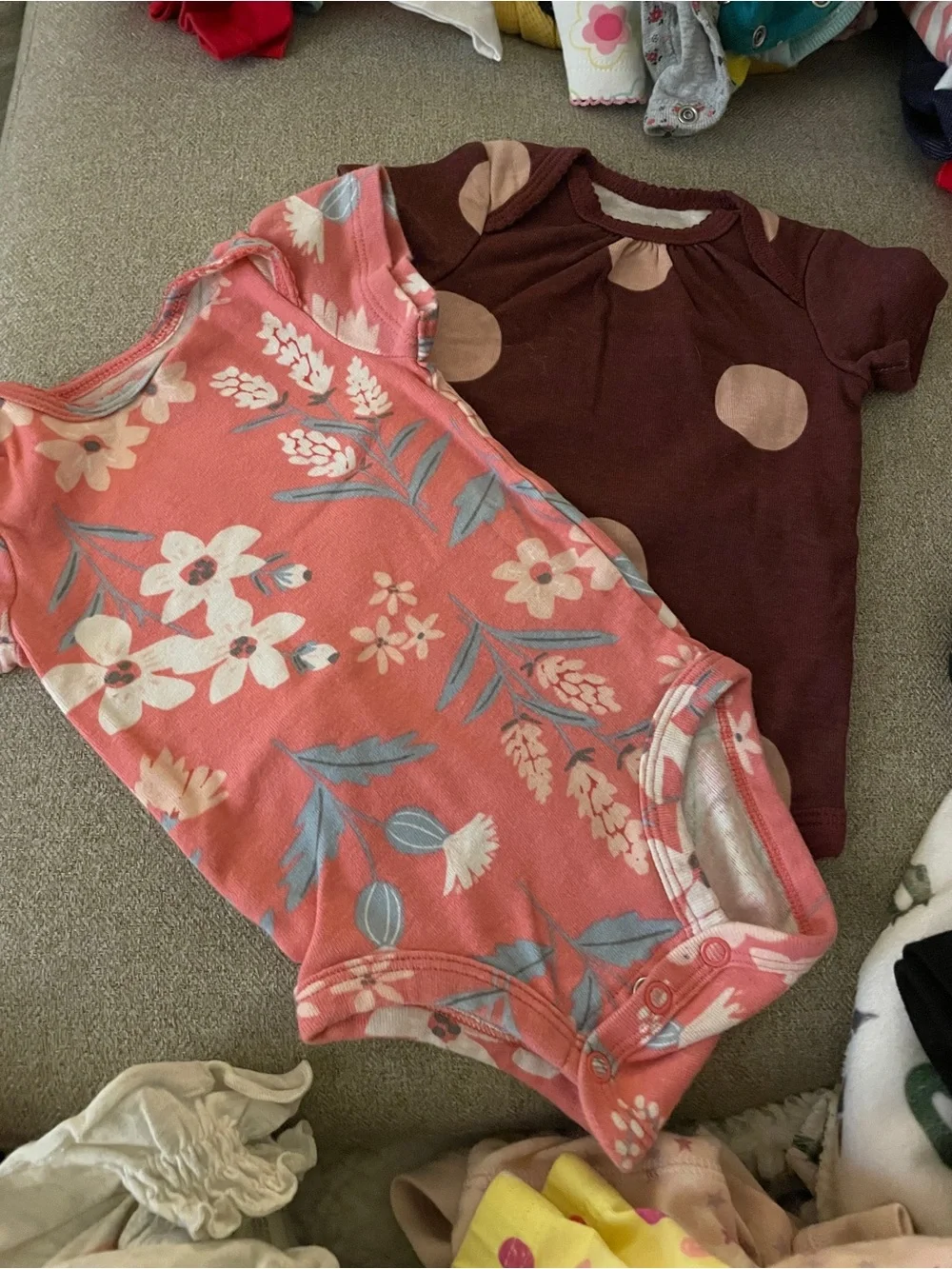 Coral Floral & Brown Polka Dot Baby Bodysuit Set